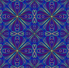 abstract seamless pattern,yellow, red, green curves ,painted create to flowershape, leaves, purple background in geometric patterns as sarong,fabric,tile,printed fabric,batik,tablecloth patterns.