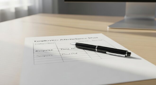 Employee attendance sheet with pen on desk paper document
