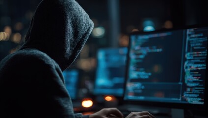 Hooded figure intensely focused on glowing code on computer screens at night