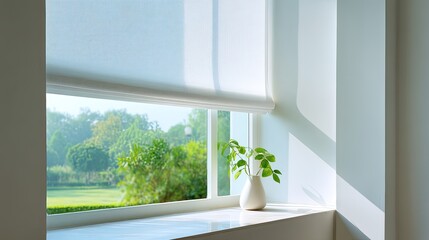 Bright and Serene Home Interior with Modern Window View and Indoor Plant, Capturing Natural Light and Tranquil Ambiance of a Fresh Morning