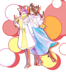 テーマパークで遊ぶ女性　2人　食べ歩き　冬