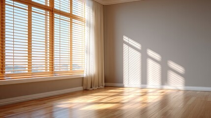 Obraz premium Bright and Airy Interior Space with Wooden Blinds and Warm Sunlight Creating Beautiful Shadows on Polished Wooden Floor