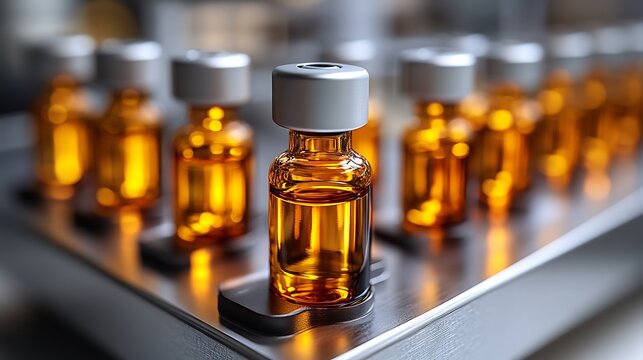 Vaccine vials in a row with closeup.