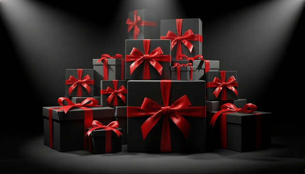 Elegant Black Friday sale concept featuring black boxes with red ribbons and dramatic lighting. Perfect for promoting seasonal discounts, holiday campaigns, or retail advertisements with a luxurious