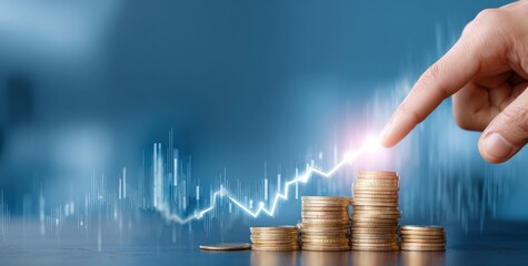 A hand points to a growing stack of coins against a glowing financial chart