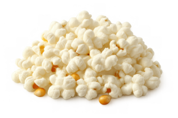 Popcorn pile with unpopped kernels on transparent background, a common snack for cinema, movies, family fun, and entertainment