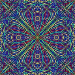 abstract seamless pattern,yellow, red, green curves ,painted create to flowershape, leaves, purple background in geometric patterns as sarong,fabric,tile,printed fabric,batik,tablecloth patterns.