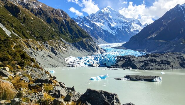 A stunning alpine landscape featuring a glacial lake reflecting snow-capped mountains and a prominent blue-ice glacier