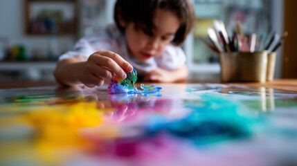 Fototapeta premium Blurred artistic capture of watercolor pigments spreading in water on paper, child partially visible but faceless and out of focus, pastel abstract composition, with copy space