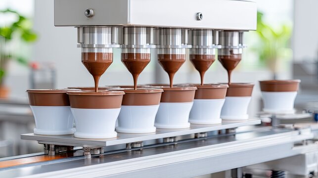 Automated production line for filling ceramic cups with liquid chocolate in a modern factory setting, showcasing precision and efficiency in manufacturing
