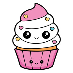 Kawaii Cupcake Coloring Page – Cute Dessert Cartoon Line Art Illustration