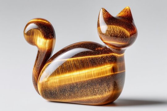 Tiger Eye Stone Cat Figurine: A polished tiger eye gemstone is sculpted into a charming cat figurine, showcasing the stone's unique chatoyancy and warm, earthy tones. 