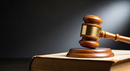 Wooden gavel resting on top of an old book in a dark environment