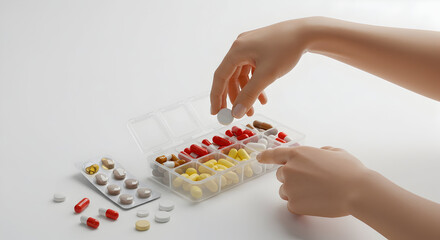 Obraz premium Organizing Daily Medications With Care: A Close-Up of Hands Sorting Pills and Vitamins for Optimal Health Management