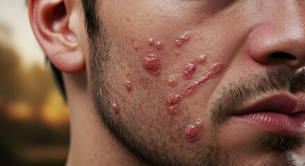 Close-Up Portrait of a Young Male Face with Severe Acne and Blemishes Highlighting Skin Issues and Unique Texture in an Outdoor Setting