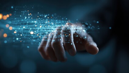 Hand interacts with glowing digital data stream, abstract technology concept