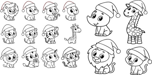 Black and white animal outline doodles with playful characters for coloring pages, kids books, logos and stickers. Clean line vector EPS