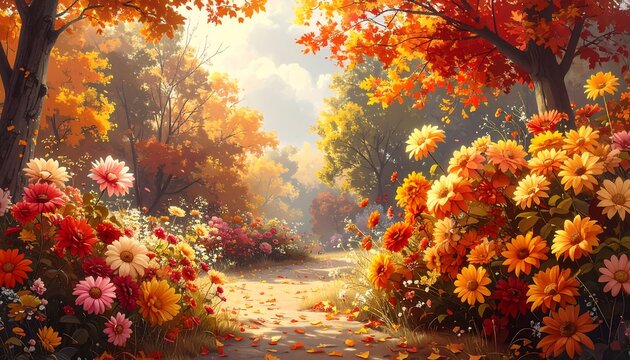 A vibrant autumnal scene of a path through a sunlit forest filled with blooming flowers and colorful foliage
