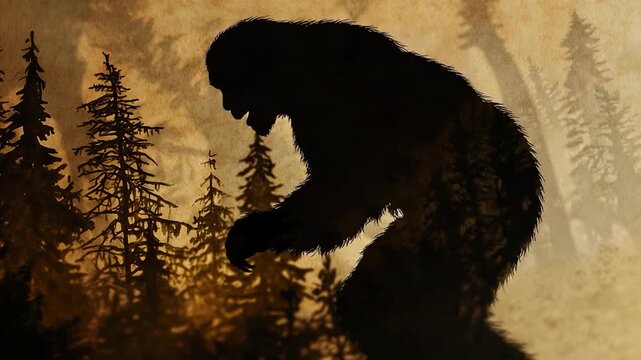 A mysterious figure, often referred to as Bigfoot, stands out against a dense forest backdrop, perfect for use in mystery or adventure themes