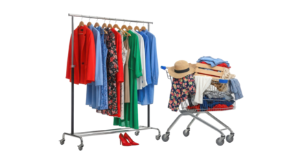 Fashionable womens clothing on a rack and in a shopping cart isolated on transparent background, showcasing stylish outfits and shopping trends