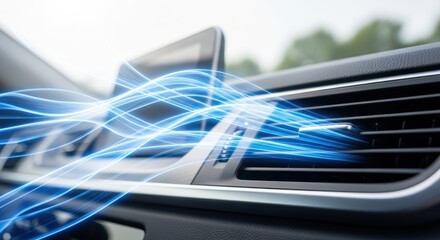 Air conditioner in the car with blue light, close up shot of vent
