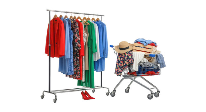 Fashionable womens clothing on a rack and in a shopping cart isolated on transparent background, showcasing stylish outfits and shopping trends 