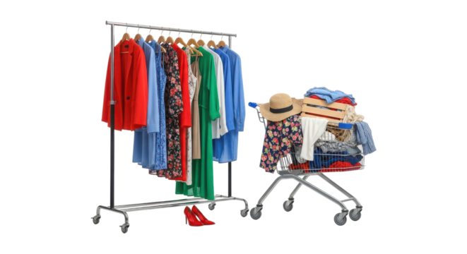 Fashionable womens clothing on a rack and in a shopping cart isolated on transparent background, showcasing stylish outfits and shopping trends 