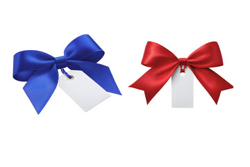 PNG image of  Elegant red and blue satin bows with blank white gift tags offer a versatile  element for holiday promotions product labeling and festive marketing campaigns on transparent background