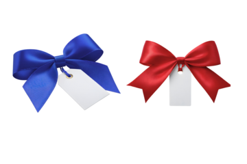 PNG image of  Elegant red and blue satin bows with blank white gift tags offer a versatile  element for holiday promotions product labeling and festive marketing campaigns on transparent background