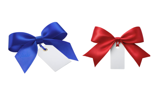 PNG image of  Elegant red and blue satin bows with blank white gift tags offer a versatile  element for holiday promotions product labeling and festive marketing campaigns on transparent background - Powered by Adobe