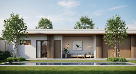 Modern Single-Story Home with Backyard Pool and Outdoor Seating Area, Perfect for Relaxation and Entertainment