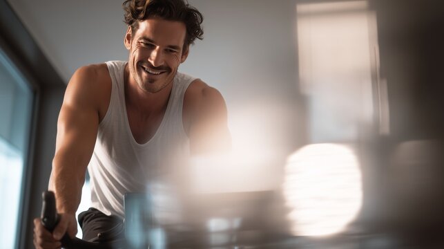 A determined young man engages in his fitness routine at home, using a stationary bike while focusing intently on his workout. The man embraces health and fitness, avoiding the nee