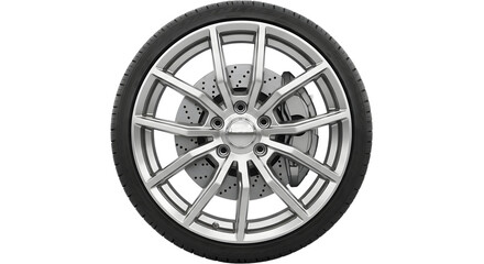 Detailed view of a silver alloy car wheel with brake disc and caliper isolated on a transparent background