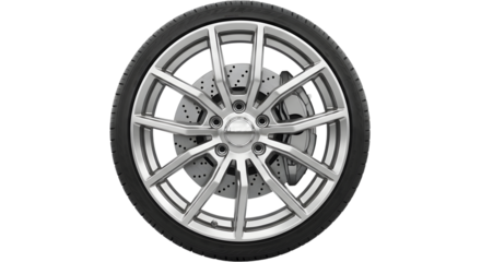 Detailed view of a silver alloy car wheel with brake disc and caliper isolated on a transparent background
