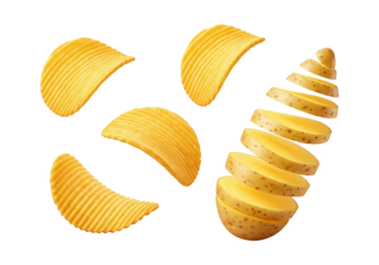 Golden rippled potato chips and sliced potato isolated on transparent background, a crispy and savory snack perfect for any occasion
