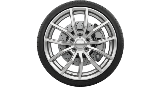 Detailed view of a silver alloy car wheel with brake disc and caliper isolated on a transparent background - Powered by Adobe