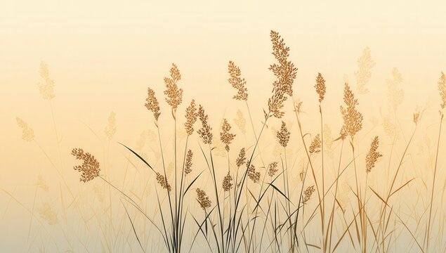 Delicate, feathery grasses sway gently against a soft, hazy, sunlit sky