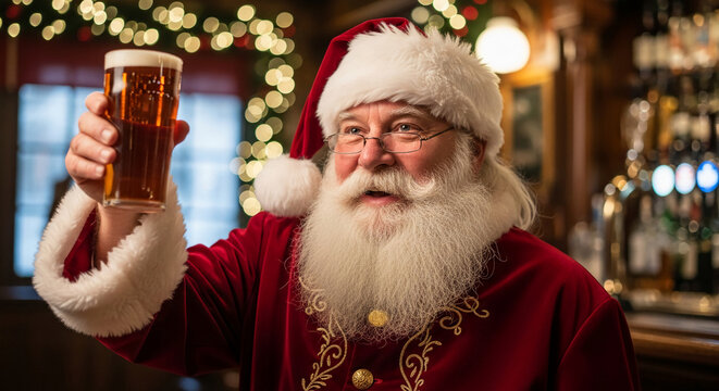 Portrait of person dressed as Santa Claus raising glass with amber drink, festive scene, representative of Christmas cheer and holiday celebration