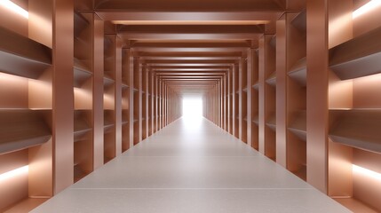 Modern geometric corridor with sleek copper-coloured walls, illuminated pathway leading to bright light at the end, creating a sense of depth and perspective.