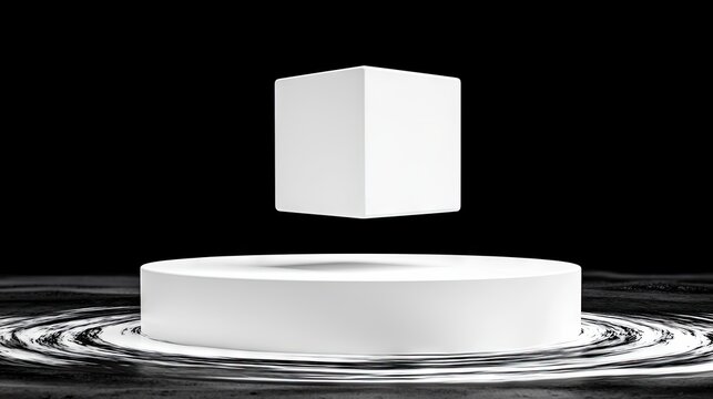 A white cube is suspended in the air above a white pedestal, set against a black background with a dark, textured surface below.