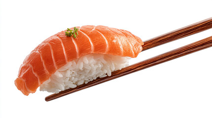 Salmon nigiri sushi held by wooden chopsticks on a plain white background view