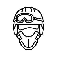 Tactical helmet with goggles and face mask line art icon, isolated on