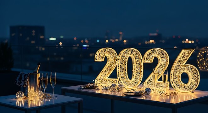 Illuminated 2026 numbers glowing on a rooftop table with champagne glasses and city lights in the background during nighttime