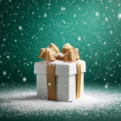 Luxury White Christmas Gift Box with Golden Ribbon on Emerald Green Background with Falling Snow and Magical Winter Atmosphere
