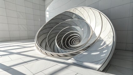 Abstract spiral structure in a white tiled room with light and shadow creating depth illusion