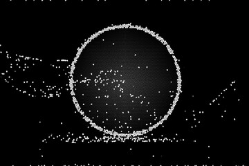 Abstract black and white illustration of a sphere with particles floating around it in space