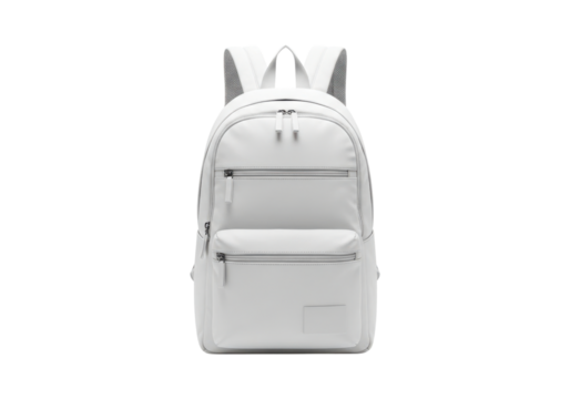 A modern white backpack with multiple zippered compartments, isolated on a transparent background