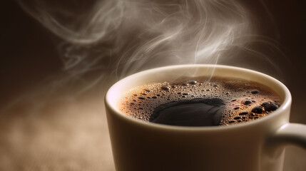 木製のテーブルに置かれた湯気の立つ熱いブラックコーヒーのクローズアップ