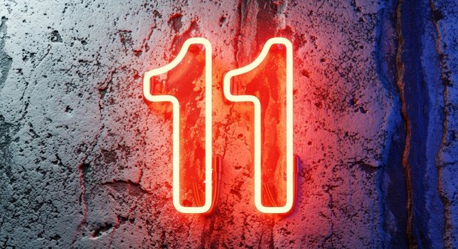 Neon number eleven on a grunge wall, glowing red, for special offer