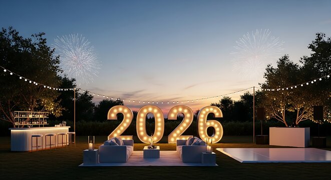 Spectacular outdoor celebration setup for 2026 featuring illuminated numbers, lounge seating, a bar, and fireworks, perfect for New Year's Eve or a festive event
